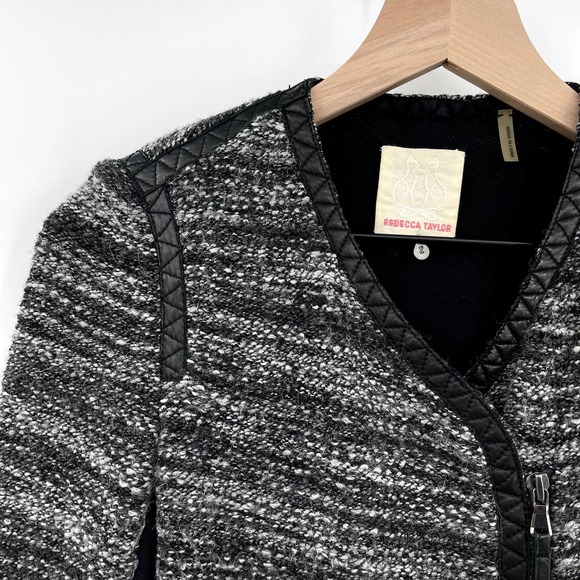 Rebecca Taylor Tweed Asymmetric Faux Leather Trim Jacket Grey Boucle Size 2 Moto - Picture 8 of 16